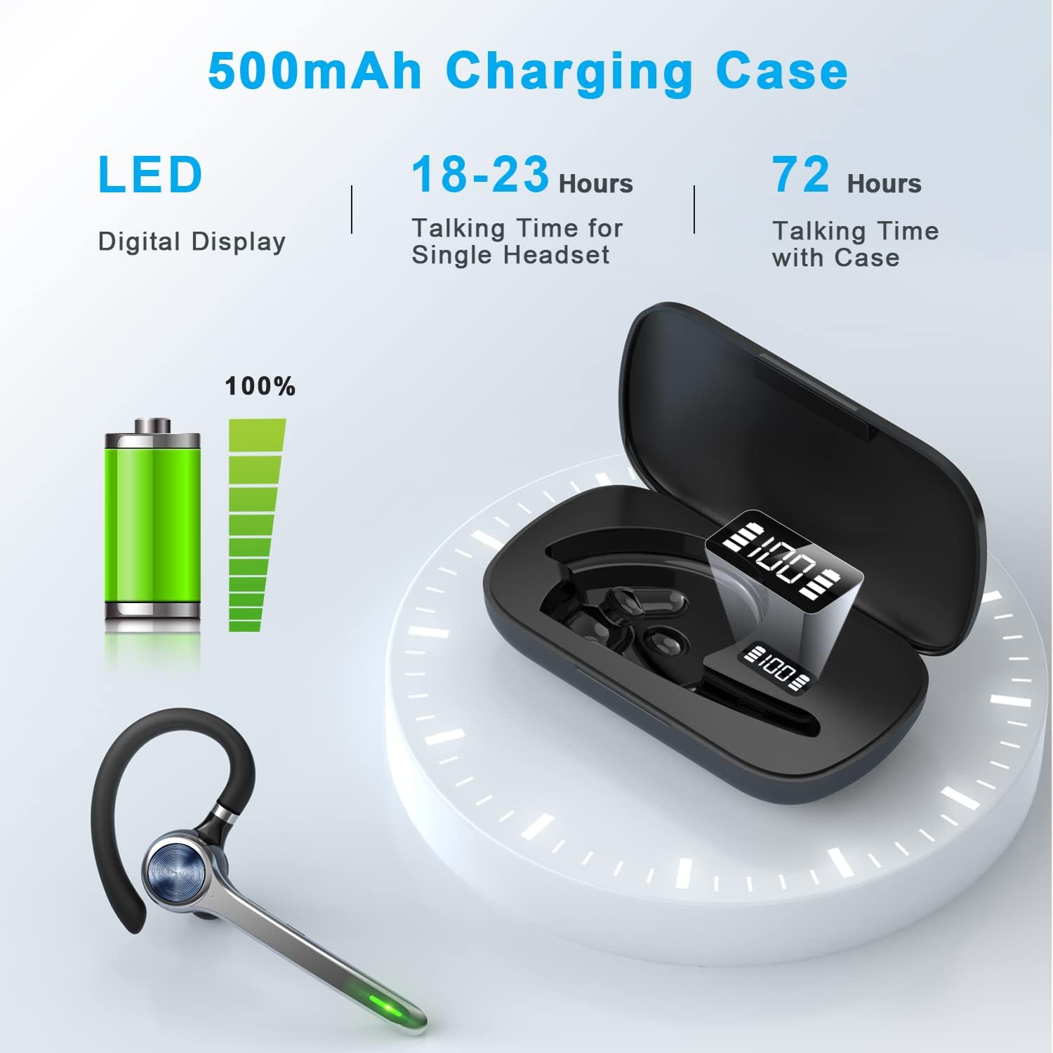 Bluetooth Headset, Wireless Bluetooth Earpiece with 500mAh Charging Case 72 Hours Talking Time Built-in Microphone for iOS Android Cell Phone, V5.1 Hand-Free Headphones for Trucker, Office