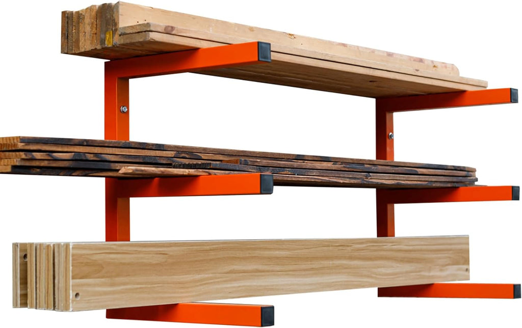 Lumber Storage Rack Wall Mount, Heavy Duty Metal Wood Organizer with 3-Level Each Shelf Holds Up 200 Lbs, Indoor & Outdoor Use