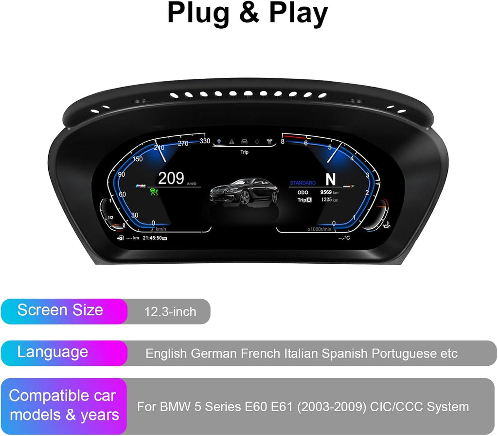 Speedometer Instrument for BMW E60 E61 E63 E64 2003-2009 CCC CIC, 12.3 inch Linux System Original Car Display Digital Cluster Dashboard Screen with Panel