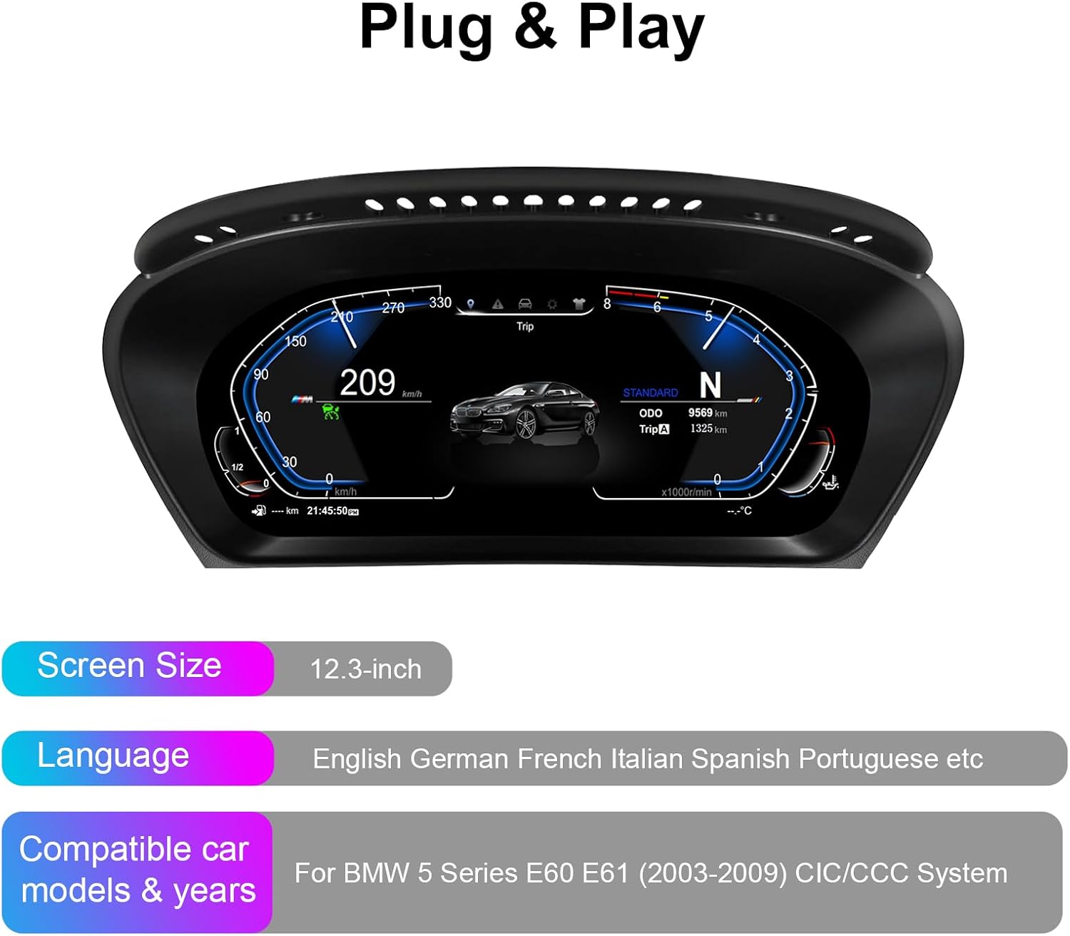 Speedometer Instrument for BMW E60 E61 E63 E64 2003-2009 CCC CIC, 12.3 inch Linux System Original Car Display Digital Cluster Dashboard Screen with Panel