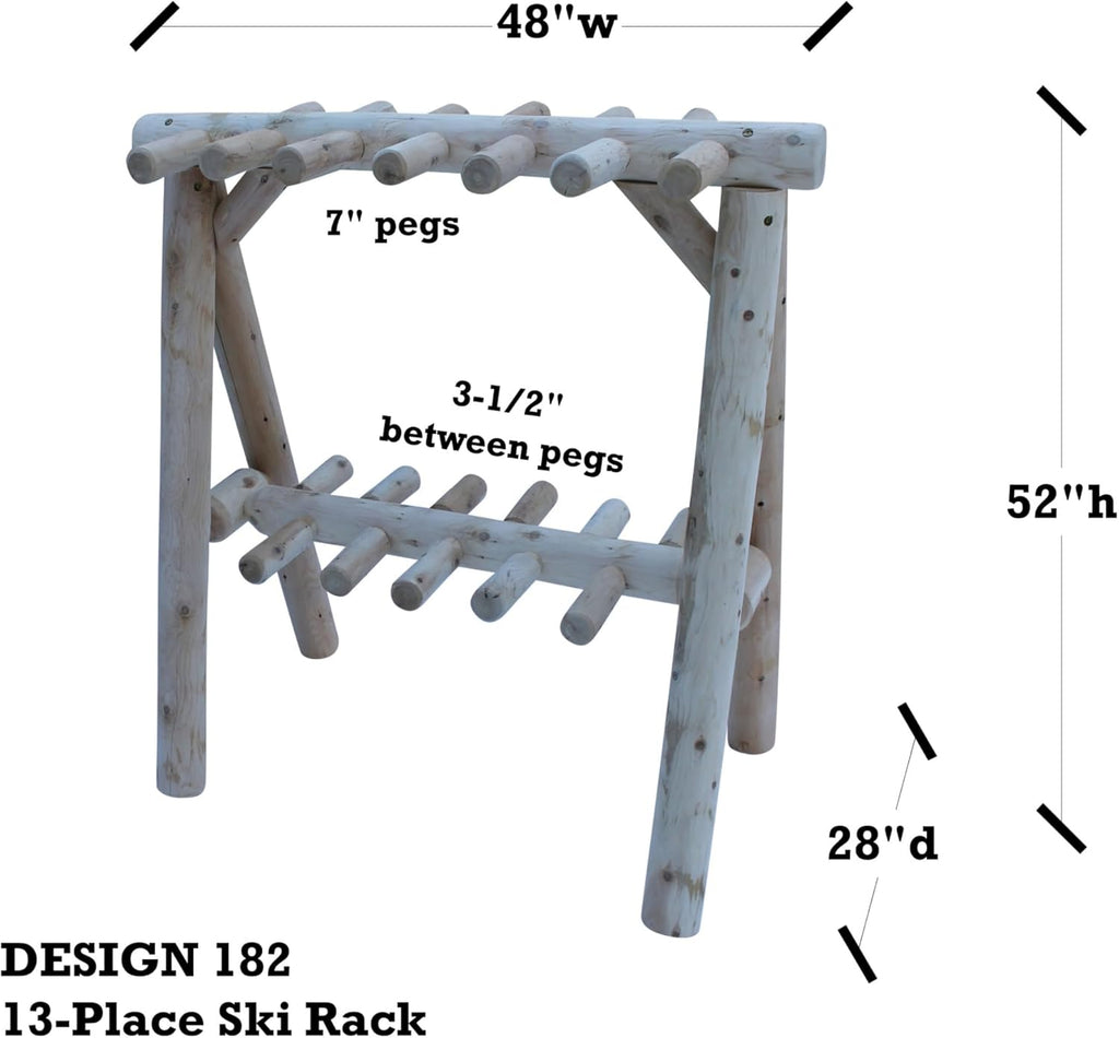 13-Place Freestanding Log Ski Rack Holder, Indoor & Outdoor Snowboard Racks, Standing Storage, Garage Racks for Snow Skis & Poles, Snowboard Rack Garage Storage Organizer - Unfinished + 15" Anchor Kit