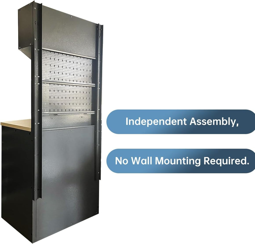 Garage Tool Storage Cabinet System with Wooden Tabletop, for Workshop Auto Repair Shop, No Wall Mounting Needed