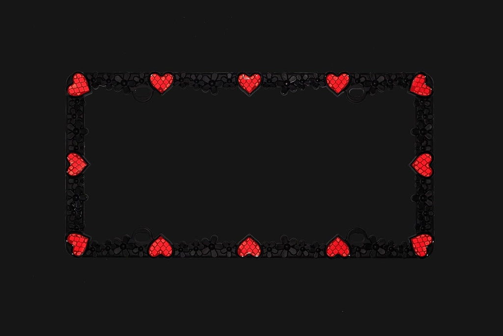 Creathome 3D Daisy Heart License Plate Frame from Pure Zinc Alloy Metal Perfect Plate Holder, Matt Black Daisy with Red Reflective Heart