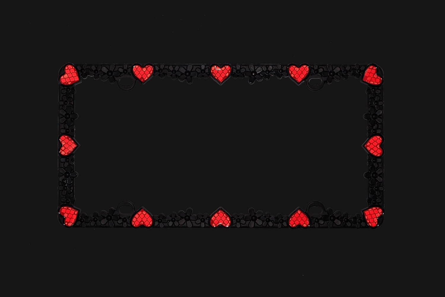 Creathome 3D Daisy Heart License Plate Frame from Pure Zinc Alloy Metal Perfect Plate Holder, Matt Black Daisy with Red Reflective Heart