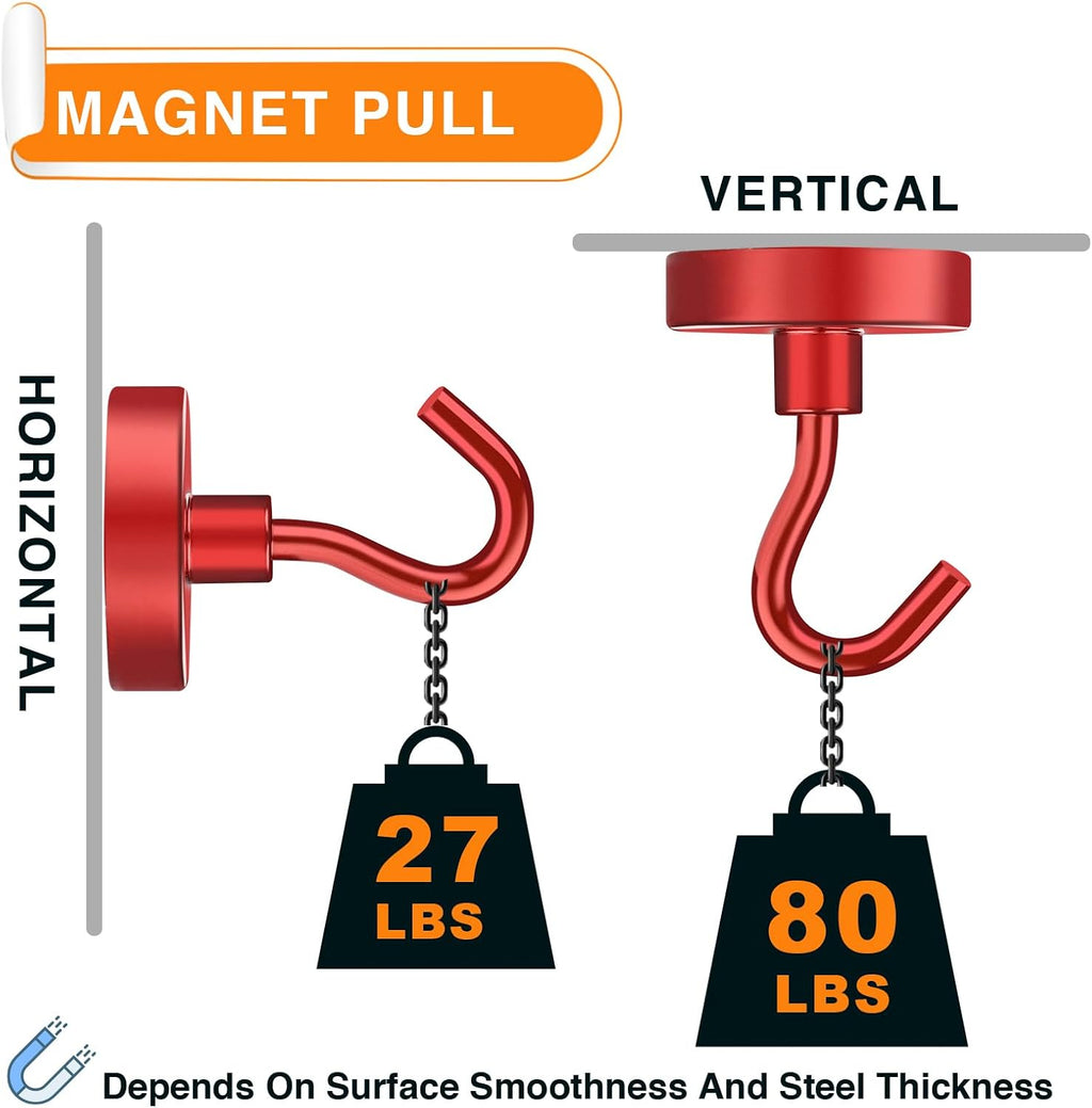 MIKEDE Magnetic Hooks Heavy Duty, 80LB Strong Magnet with Hook for Fridge, Super Neodymium Extra Strength Industrial Hooks for Hanging, Magnetic Hanger for Toolbox, Cruise, Grill(Red,4 Pack)