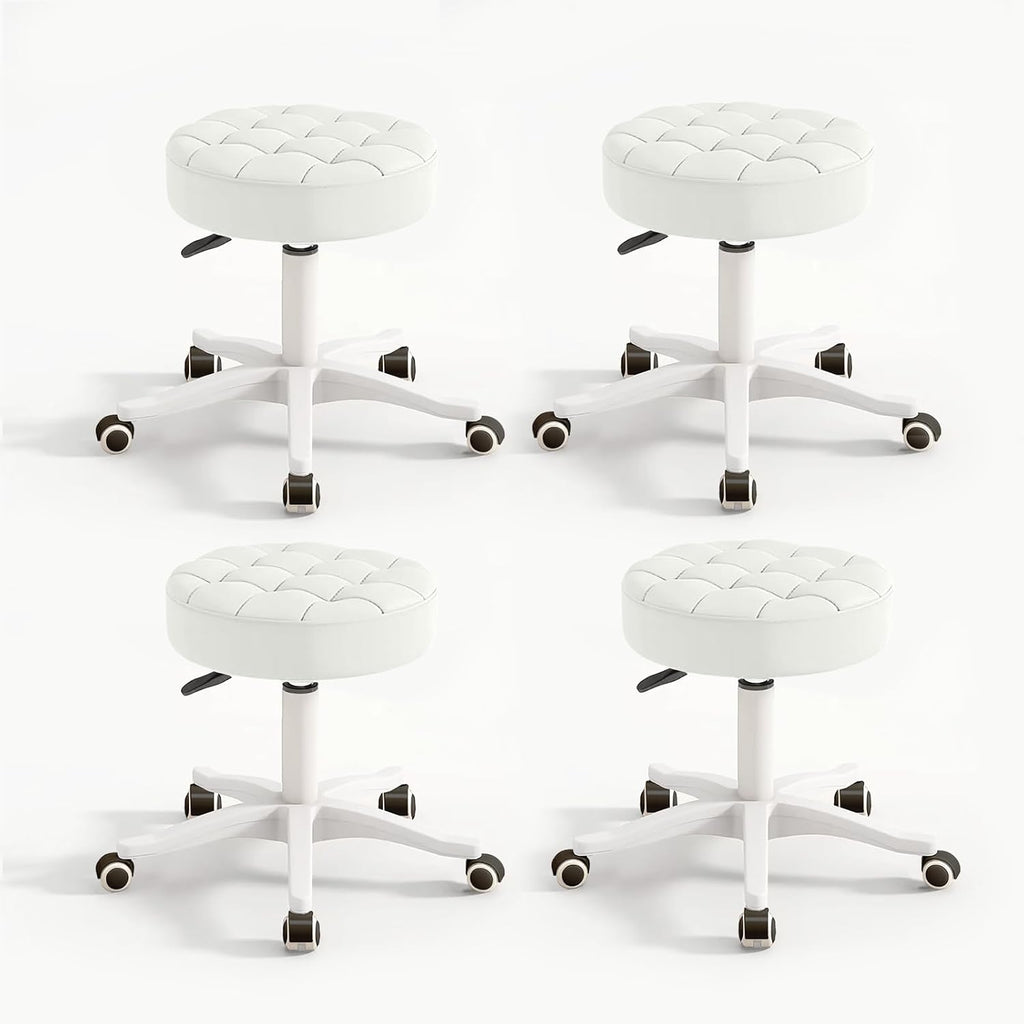 Small Chair Round Rolling Stool with Wheels PU Leather Height Adjustable Swivel Drafting Work SPA Salon Stools Home Office Chair,4 Pack