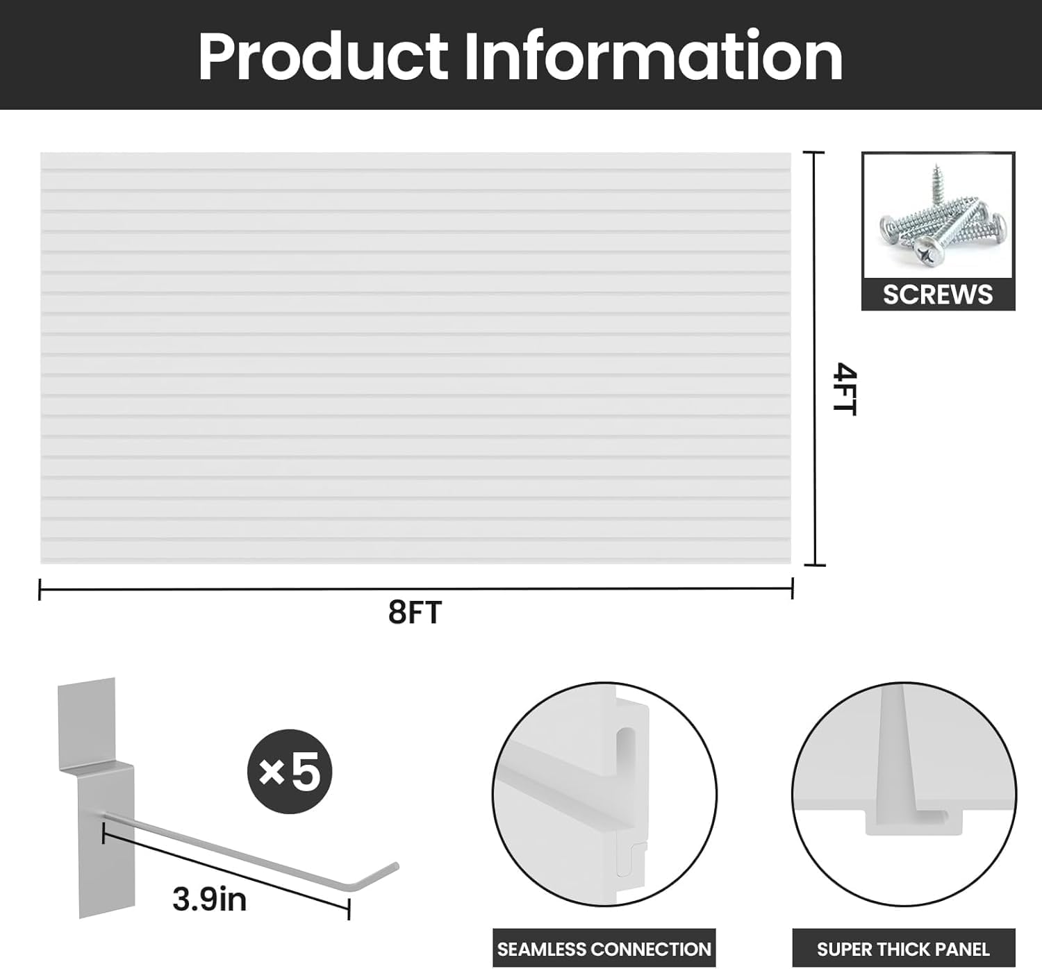 Slatwall Panel Wall Storage Systems, 4x8 ft Slat Wall Paneling Garage Wall Organizer with Five Hooks, Heavy Duty Wall Mounted PVC Wall Rack, White
