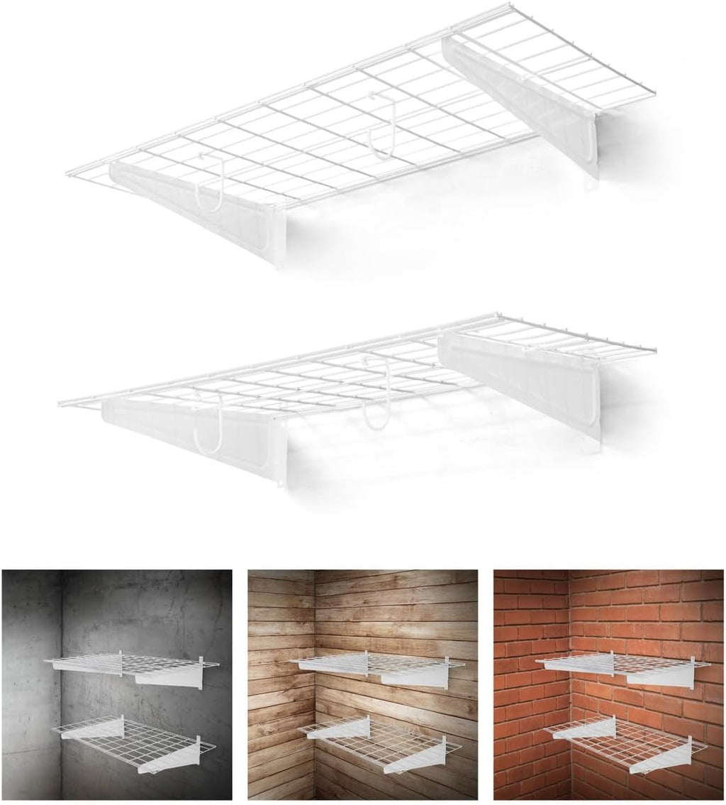 Fencer Wire 36 in. W x 18 in. D Wall Mounted Garage Shelving With 2 Hooks, White Shelf, Heavy Duty Storage System, Organizer Floating Shelves, 500lb Weight Capacity