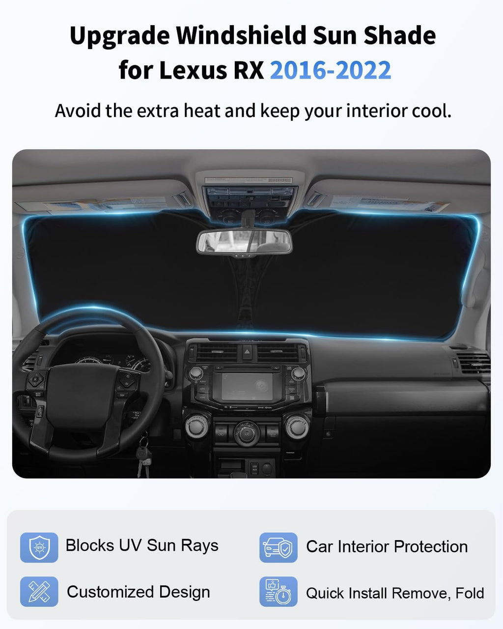 Sun Shade for RX350 Windshield Sunshade Front Window Shield Custom Fit for Lexus RX 2016-2022 Accessories Sun Visor for for Lexus RX 2016-2022 Protector Foldable Blocks UV Rays Heat