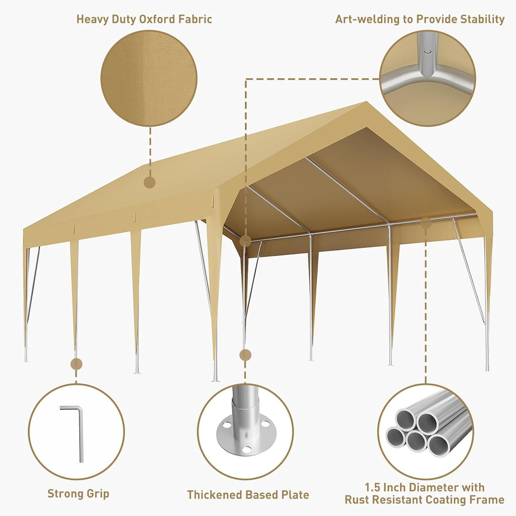 10x20ft Heavy Duty Carport Outdoor Car Canopy UV Resistant Waterproof Party Tent All-Season Portable Garage Gazebo Shelter for Car, Storage Shed (Earthy Yellow)