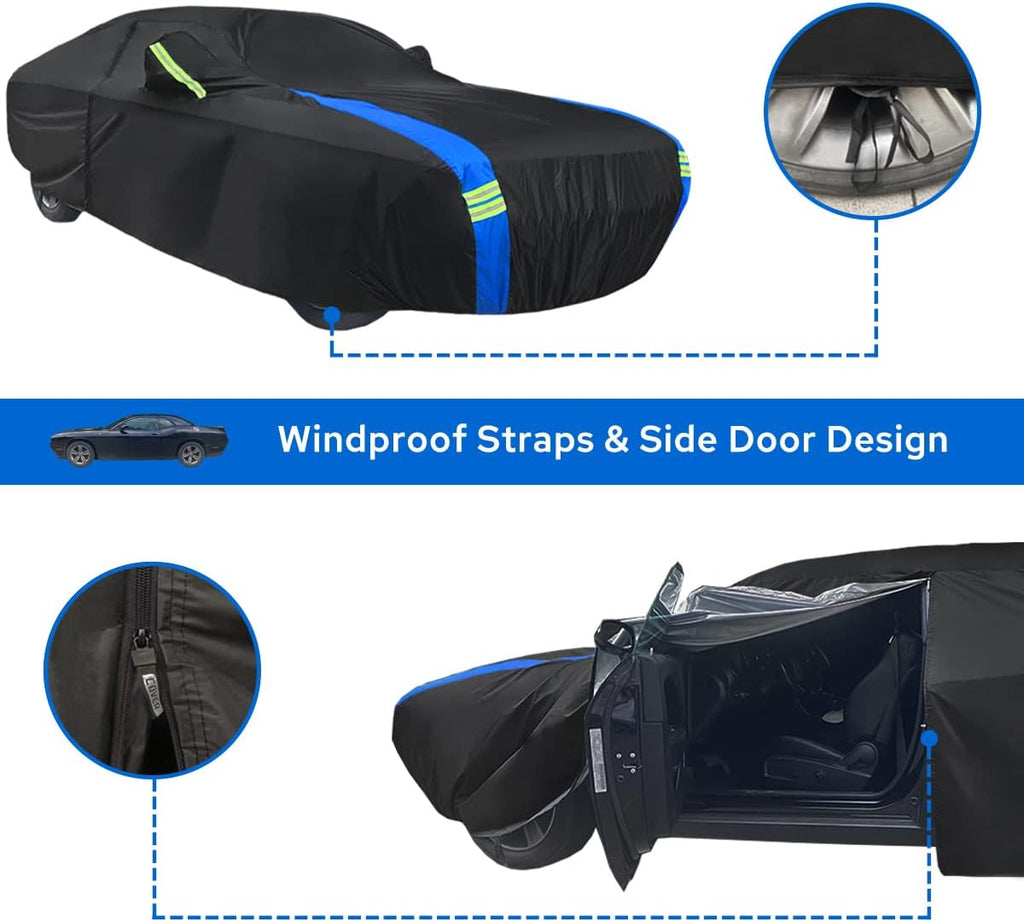 Avecrew Dodge Challenger Car Cover Waterproof All Weather for Automobiles, Outdoor Full Exterior Covers Fit 2008-2023 Dodge Challenger with Windproof Strap and Driver Door Zipper