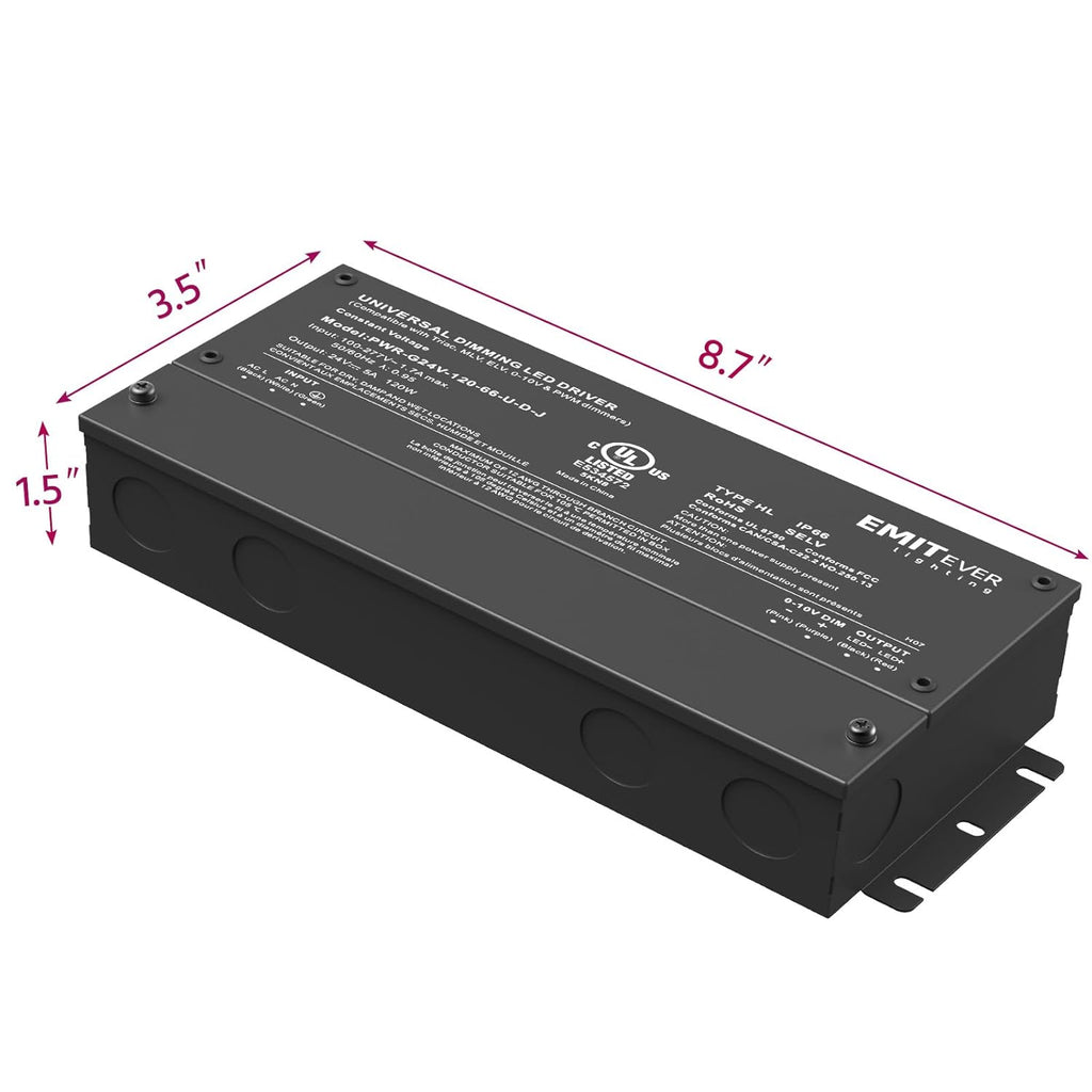 EMITEVER 120W Dimmable LED Driver, 24V Triac Dimmable Power Supply, AC to DC Transformer for LED Light, Compatible with Lutron and Leviton Dimmer, Waterproof IP67 and UL Listed