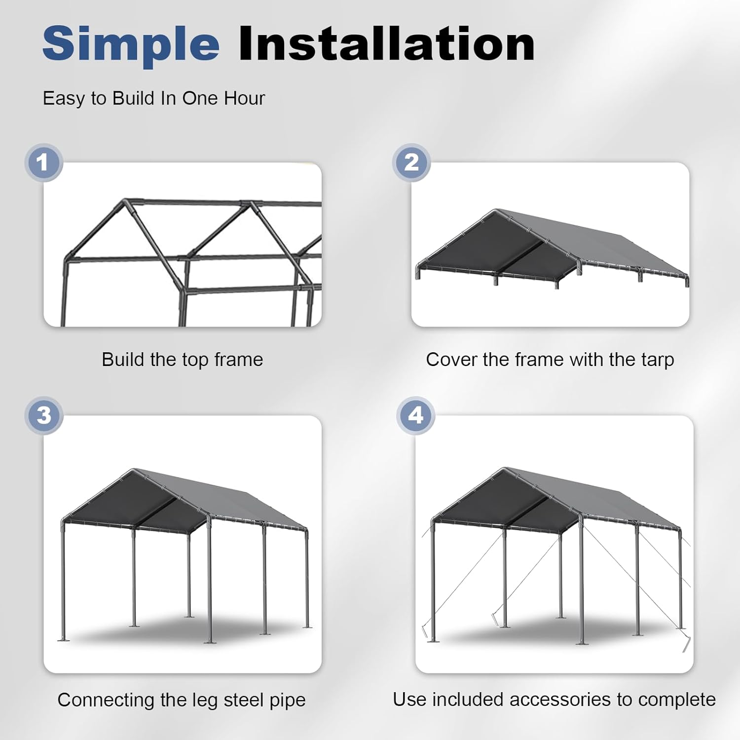 10x20ft Portable Car Tent Garage with UV Resistant Canopy, Easy to Assemble Portable Garage, Stable Carport for Car, Bike, Camp, Outdoor Storage (Grey)
