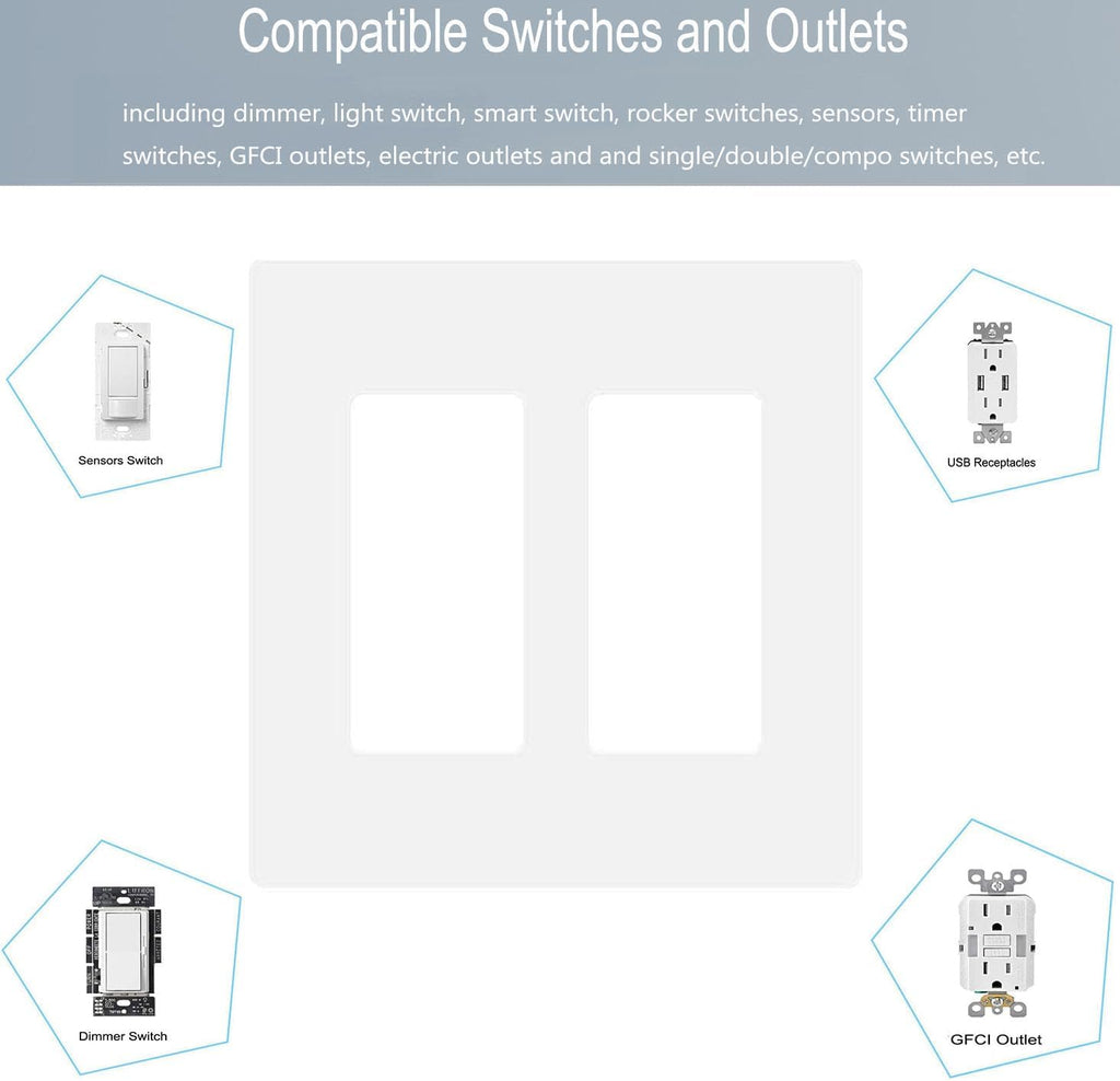 2-Gang Screwless Decora Wall Plate Cover Double Switch Outlet Electrical Faceplate for Light Switch, Smart Switch, Receptacle, Dimmers, USB Outlet, GFCI, Child Safe Cover Plate, White (10-Pack)