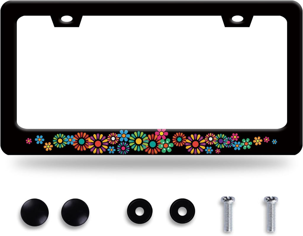 Colorful Hippie Flowers License Plate Frame Beautiful Floral License Plate Frames Stainless Steel Accessories Cars Decor with 2 Holes and Screws Fits Standard US CA Vehicles Size 12.2 x 6 Inches