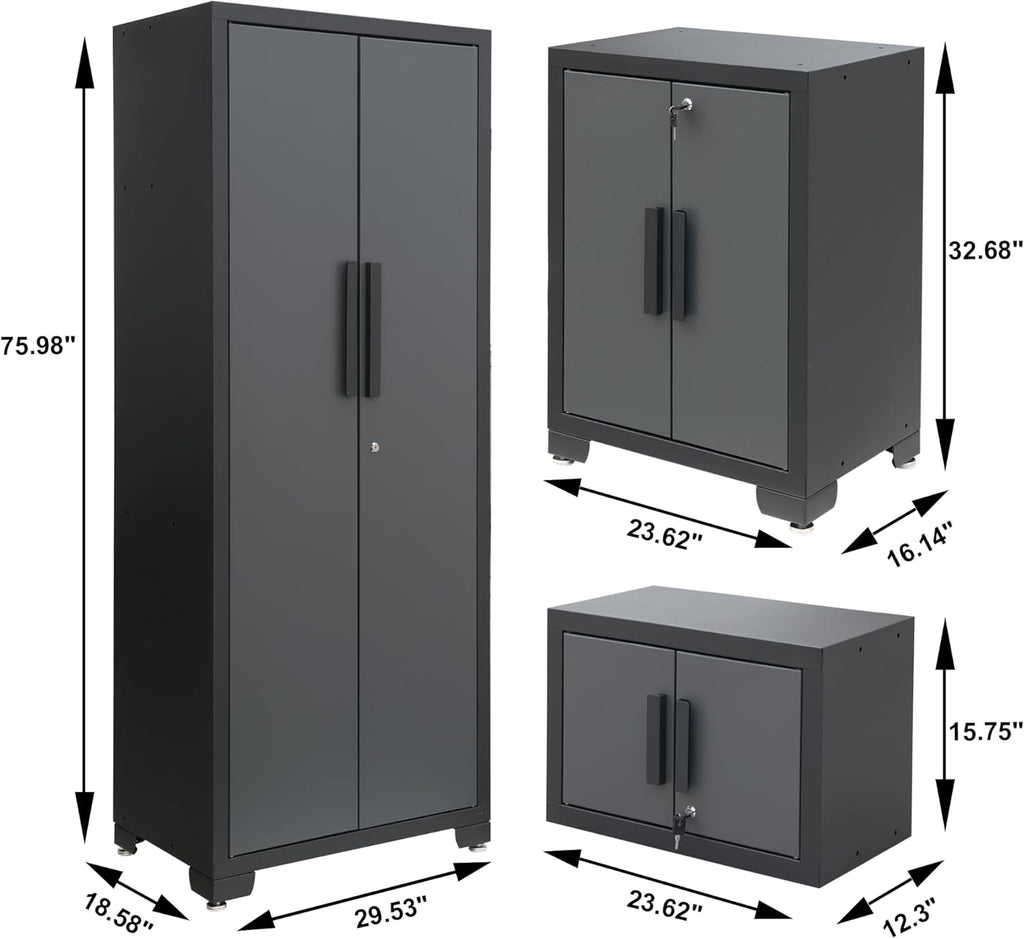 Torin 12 Piece Garage Storage Cabinet Set: Workshop Tool Organizer Chest with Lockers, Shelves and Wood Workbench, Black/Grey