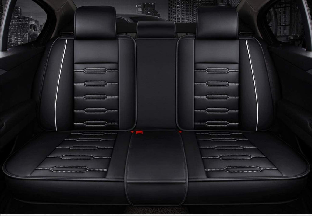 Seat Covers Full Set, Waterproof Leather Seat Covers for Cars, 5 Seats Universal Car Seat Protectors, Black Car Seat Covers Car Seat Cushions Fit for Most Cars (Black-White)