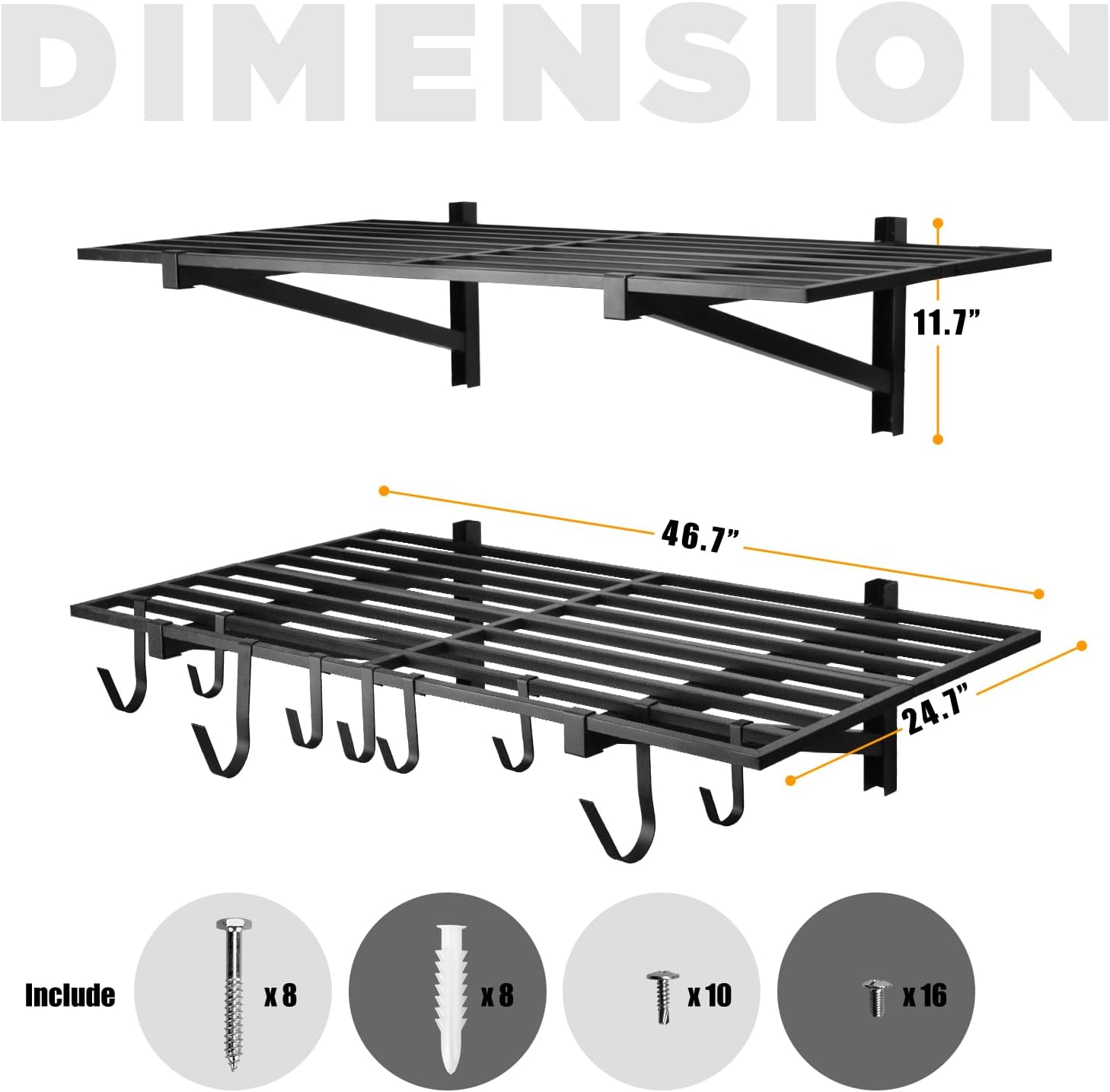 2 Pack Heavy Duty Garage Wall Shelving, 2' x 4' Wall Mount Storage Shelf, Holds 200 lbs Each, Garage Shelving Wall Mounted, Storage Rack with Hooks (Black)