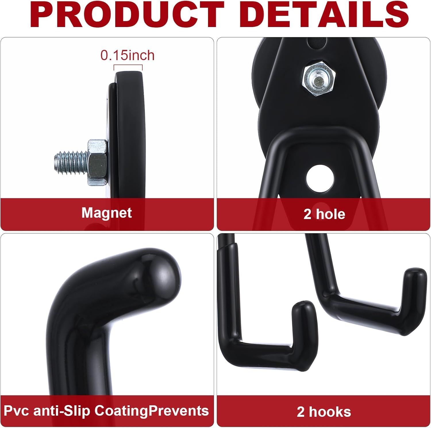 Landhoow Large Magnetic Hooks Heavy Duty Garage Magnet Hooks Strong Storage Utility Magnetic Hangers with Anti Slip Rubber Coating for Indoor and Outdoor Hanging(Black,4 Pcs)
