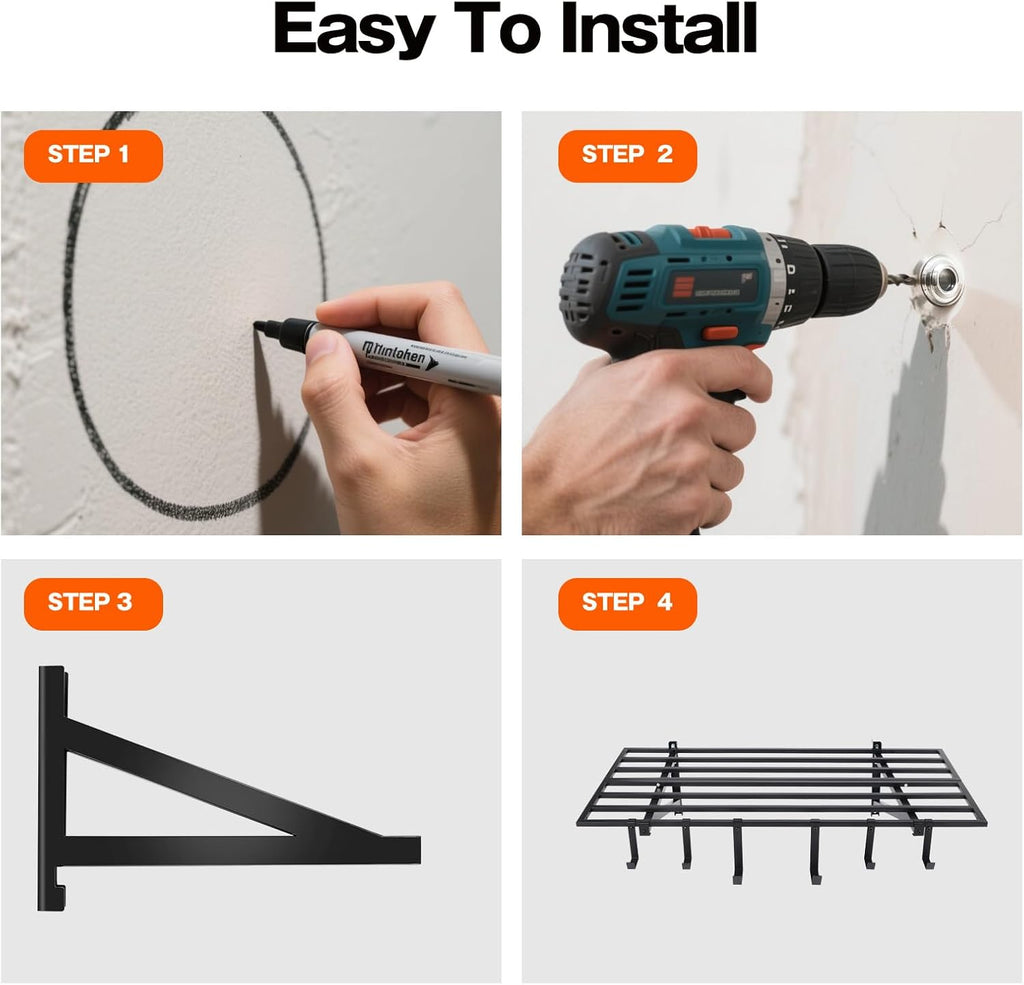 Garage Wall Shelving, 2X4ft Garage Storage Rack,Heavy Duty Wall Mounted Storage Shelf With 12 pc Hooks-Each Loads 260lbs Metal Wall Shelf,Black,2Pack