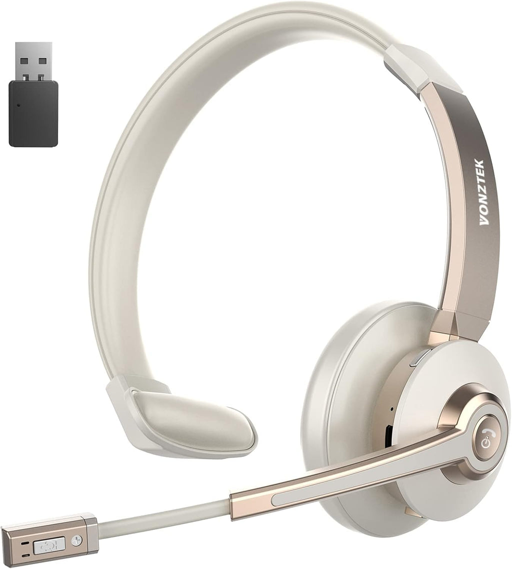 Wireless Headset, Bluetooth Headphones with Microphone Noise Canceling & USB Dongle, Singler-Ear Bluetooth Headset with Mic Mute for Cell Phone Computer Work Office Meetings Trucker Teams Skype Call