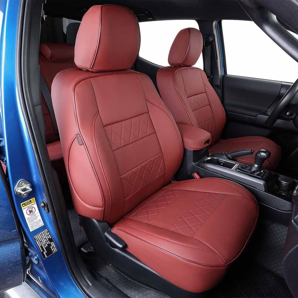 EKR Custom Fit Tacoma Front Car Seat Covers for Select Toyota Tacoma 2016 2017 2018 2019 2020 2021 2022 2023 Double Cab/Access Cab - Front Row Only,Leather (Burgundy)