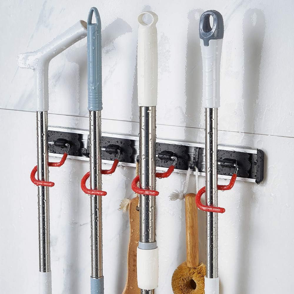 QBOSO Wall Mounted Mop and Broom Holder Stainless Steel S Type Broom Rack Anti-Slip Mop Organizer (17 Inches,4 Positions 3 Hooks, Red black)