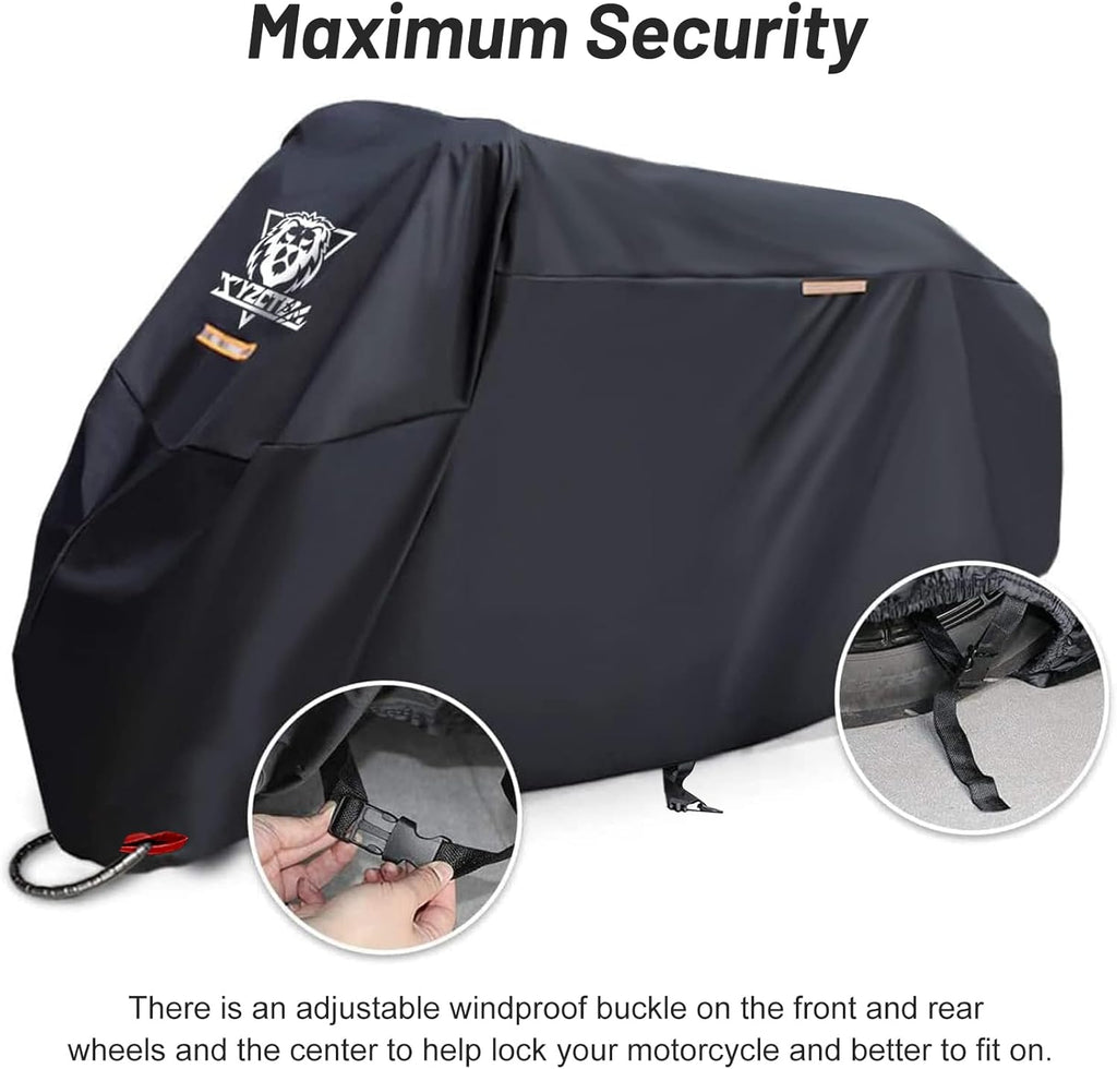 XYZCTEM Motorcycle Cover -Waterproof Outdoor Storage Bag,Made of Oxford Material Fits up to 96 inch, Compatible with Harley Davison and All Motors(Black& Lockholes& Professional Windproof Strap)