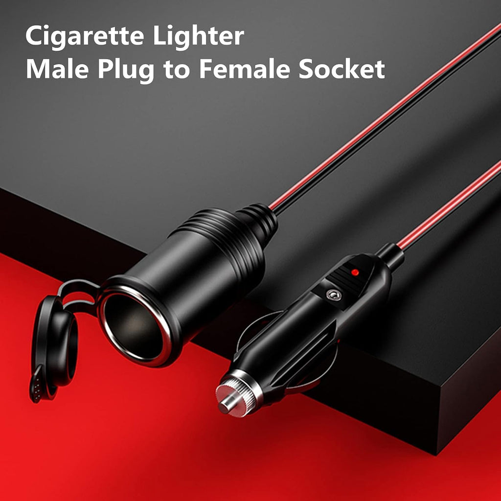 KEWIG 12/24V Car Cigarette Lighter Extension Cord - 26FT Cigarette Lighter Plug Cable- 16AWG Heavy Duty Extension Cable with 15A Fuse and LED Indicator