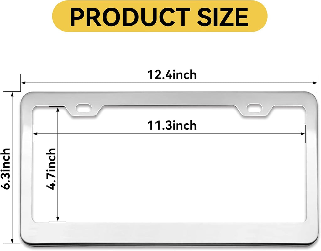 Mirror Polished Heavy Duty Stainless Steel License Plate Frame with Chrome Screw Caps, 2 Holes Rust-Proof Chrome-Like Finish Stainless Steel License Plate Frames 2 Pack