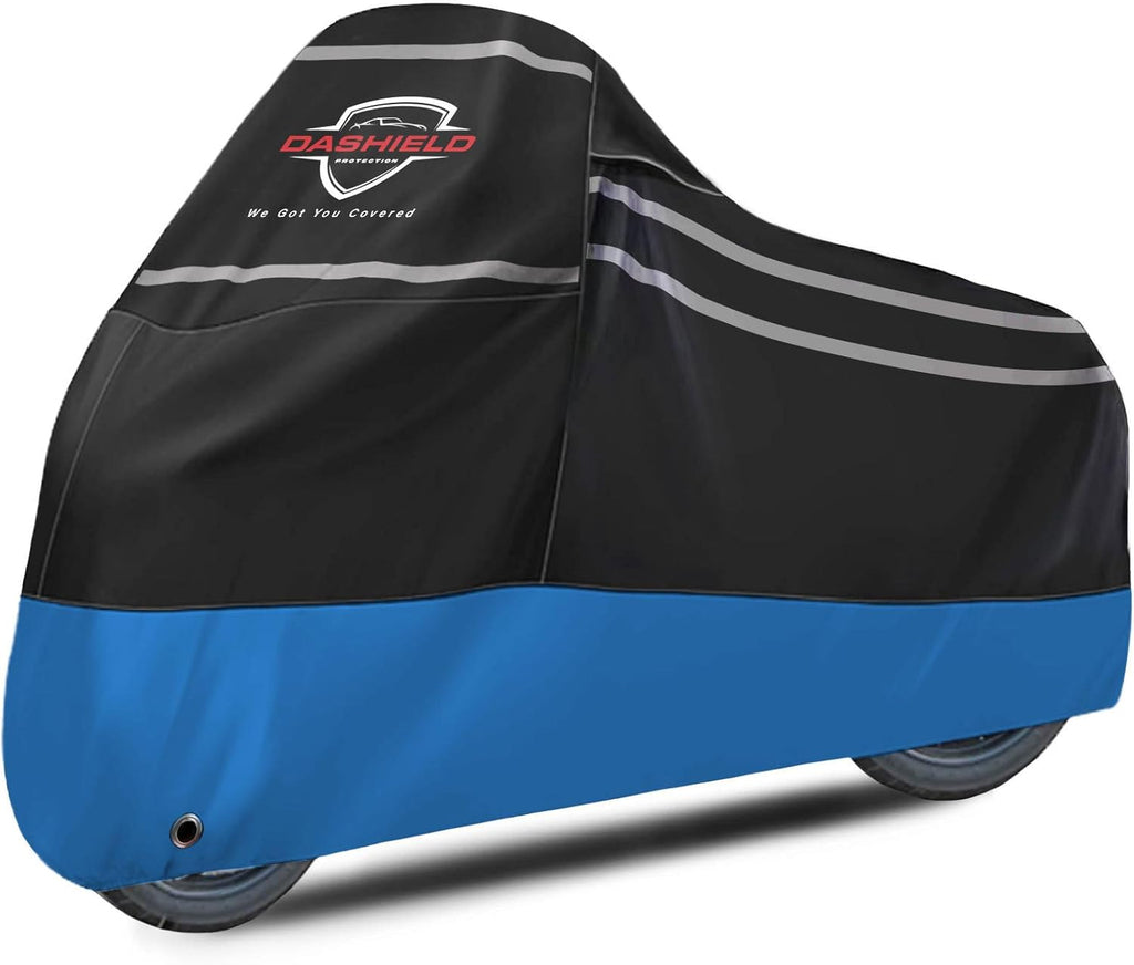 Ultimum Series Motorcycle Cover Waterproof All Weather Protection Universal Heavy Duty Night Reflector with Lock-Holes Compatible with Suzuki Harley Davidson Kawasaki Yamaha Honda Blue XL
