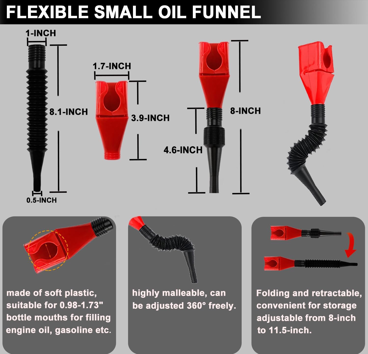 5Pcs Adjustable Oil Filter Pliers Set, Universal Oil Filter Removal Tool with Small Oil Funnel, 10" & 12" & 14" & 16" Oil Fliter Wrench From 1-1/4" to 8-1/2"