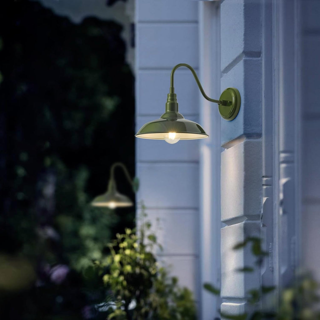 14in Outdoor Gooseneck Lights for Farmhouse, Barn Style Goose Neck Wall Light Fxiture with Wall Mount, Olive Green Exterior Porch Sconce for Patio, Garage, House