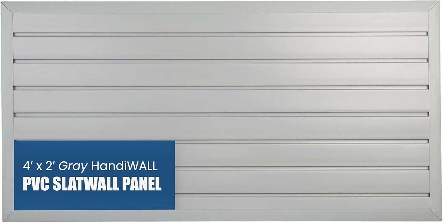 HANDIWALL (GRAY) PVC Slatwall Garage Wall Organizer, 4x2ft Heavy Duty Framed Slatwall Panel Storage Kit, Wall Mount Organizing Storage System For Slatwall Accessories