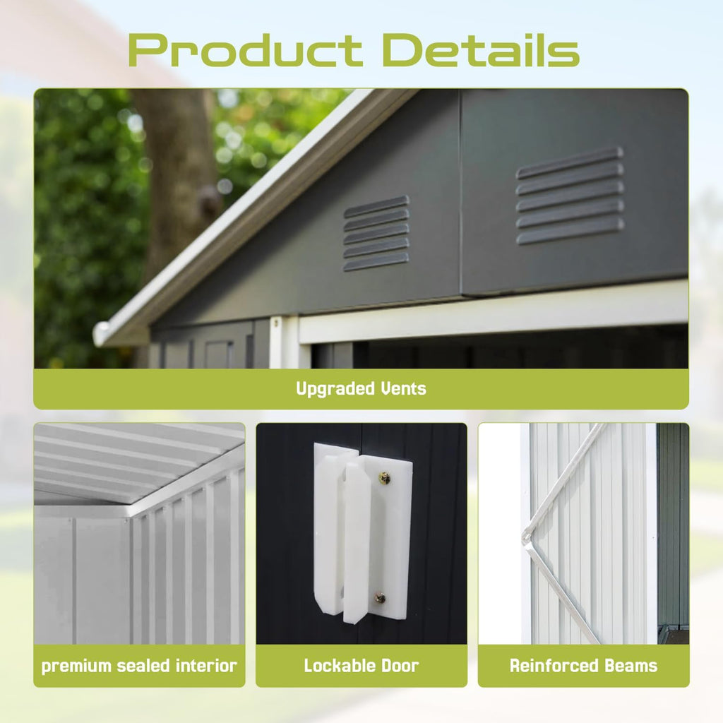 9 x 6.4 Ft Outdoor Storage Shed, Heavy-Duty Metal Shed with Windows & Secure Lockable Doors, Ideal Storage Shed for Outdoor, Patio, Garden, and Backyard, Anthracite