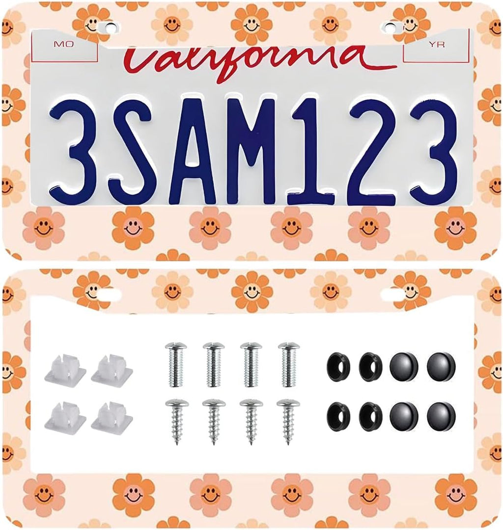 2 Pack Universal Smiley Face Flower License Plate Frame-Rustproof Aluminum Floral License Plate Frames for Women Men Fits All Vehicles, with Anti-Theft Screw Caps Included