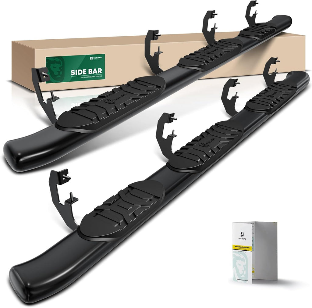 YHTAUTO 5" Running Boards Side Steps Fit Chevy Silverado & GMC Sierra 1500/2500 HD/3500 HD 2019-2024, Crew Cab, 6.5' Standard Bed, Oval Bent Ends Carbon Steel Black Powder, Truck Cab Side Step Rails