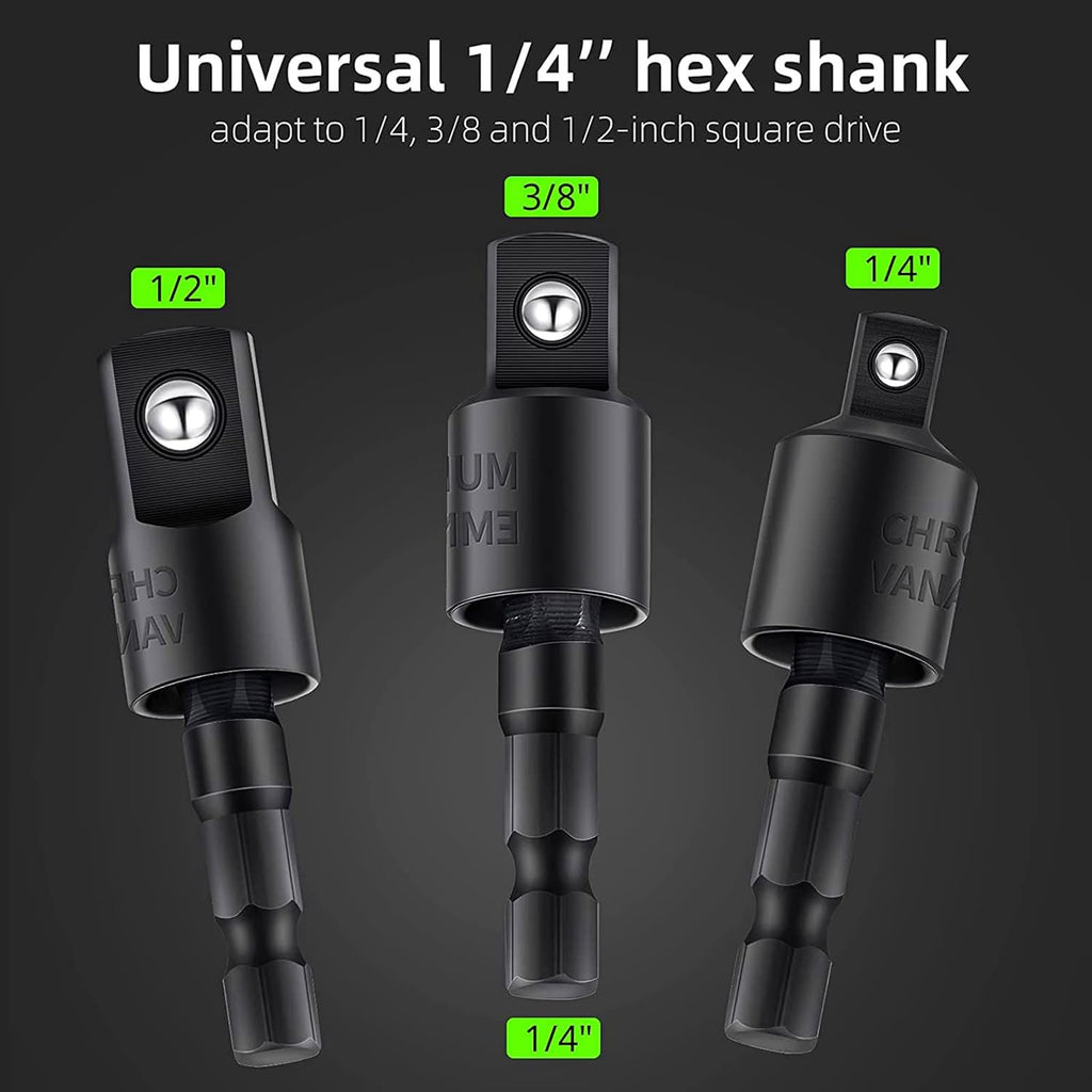 Right Angle Drill Adaptor,4-in-1 Impact Drill Bit Extension,360° Rotatable 1/4 3/8 1/2" Impact Grade Socket Adapter Set,105 Degree Angle Screwdriver Drill Bit for Household Workplace Industry
