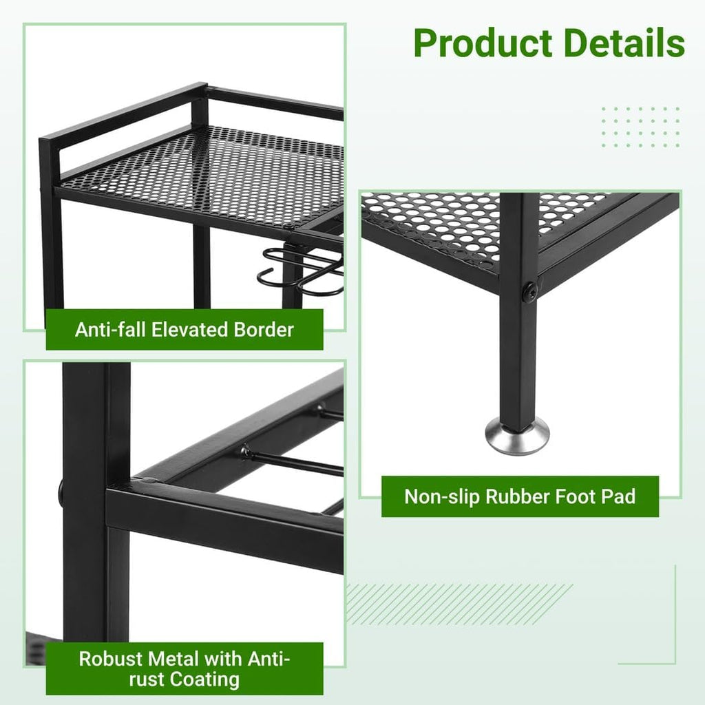 Garden Tool Organizer for Garage, 3 Tiers Garden Tool Holder with Large Tool Slots & Small Tool Hooks, Large Capacity Yard Tool Storage, Heavy Duty Metal Tower Rack for Lawn Garage Shed