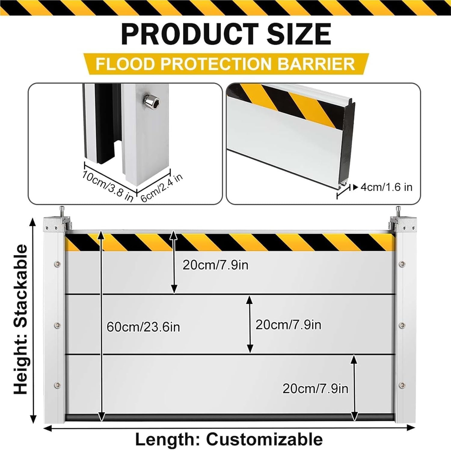 Reusable Heavy Duty Aluminum Flood Barriers for Home Exterior, Flood Protection Barriers Water Barrier Door Quick Detachable Garage Doors Detachable Mobile Rain Water Baffle ( H 23.6 inch L 8.5FT)