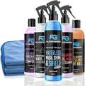 Grand Slam 5-Pack - Waterless Car Wash Detailing Spray, Tire Shine Gel, Scratch Remover, Wheel Metal Rust Cleaner, Interior Cleaner & Protector, 2 Microfiber Towels