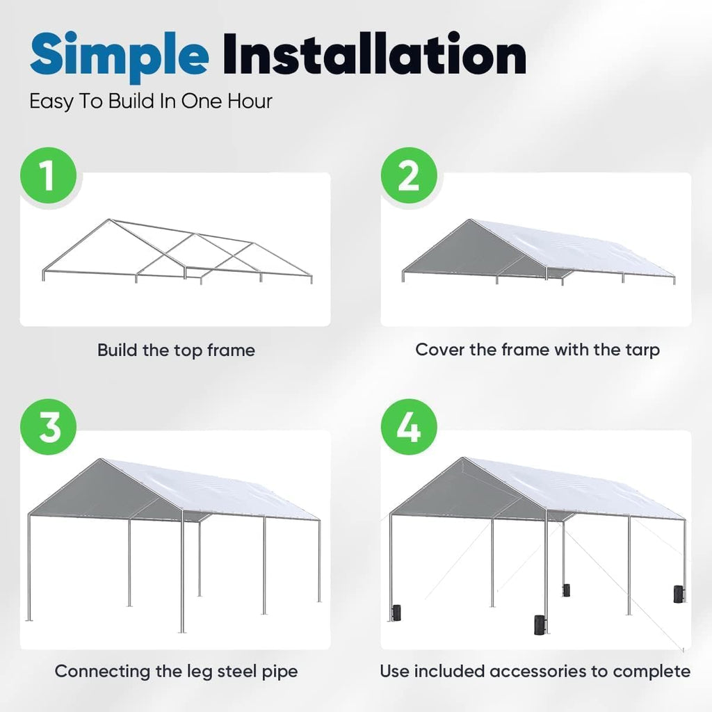 Quictent 10x20 ft Heavy Duty Car Canopy Galvanized Frame Carport Outdoor Party Tent Boat Shelter with 3 Reinforced Steel Cables - Gainsboro