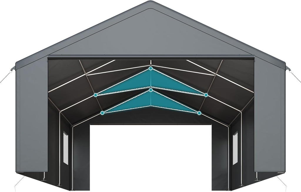 Carport, Heavy Duty Car Port 20x20 FT, Large Car Canopy with Roll-Up Windows & Side-Opening Door, Outdoor Portable Garage Reinforced Four-Hole Base for Car, Truck, Boat, Motorcycle