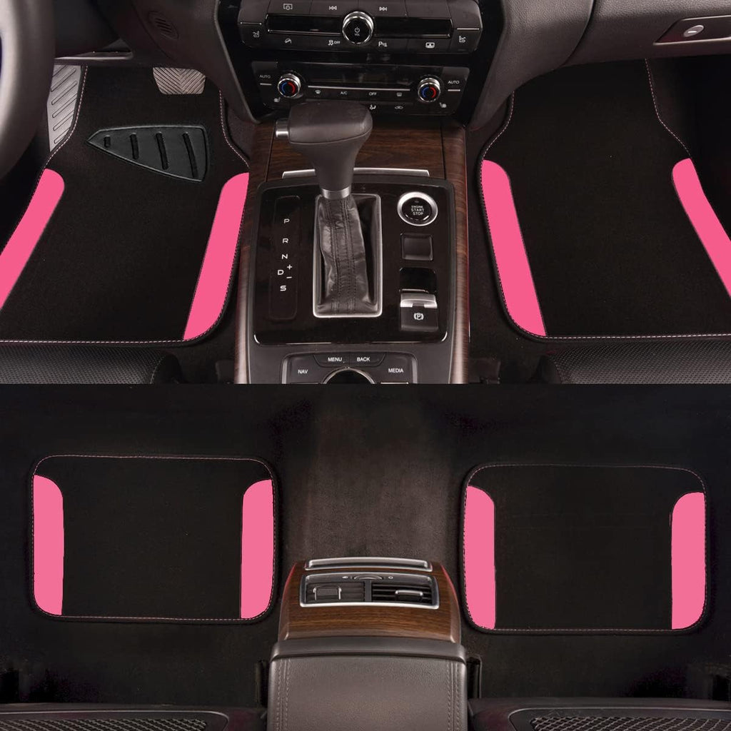 CAR PASS Rainbow Waterproof Universal Fit Faux Leather Car Carpet- Anti-Slip Nibbed Backing Floor Mats for SUV, Vans,Sedans,Trucks, Automotive Set of 4 for Women&Cute Girly (Black with Pink)