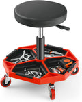 Adjustable Mechanic Rolling Stool, Pneumatic Rolling Stool with Wheels, Tool Storage Tray & Padded Seat Cushion, Garage Stool Chairs Creeper Seat (Red)