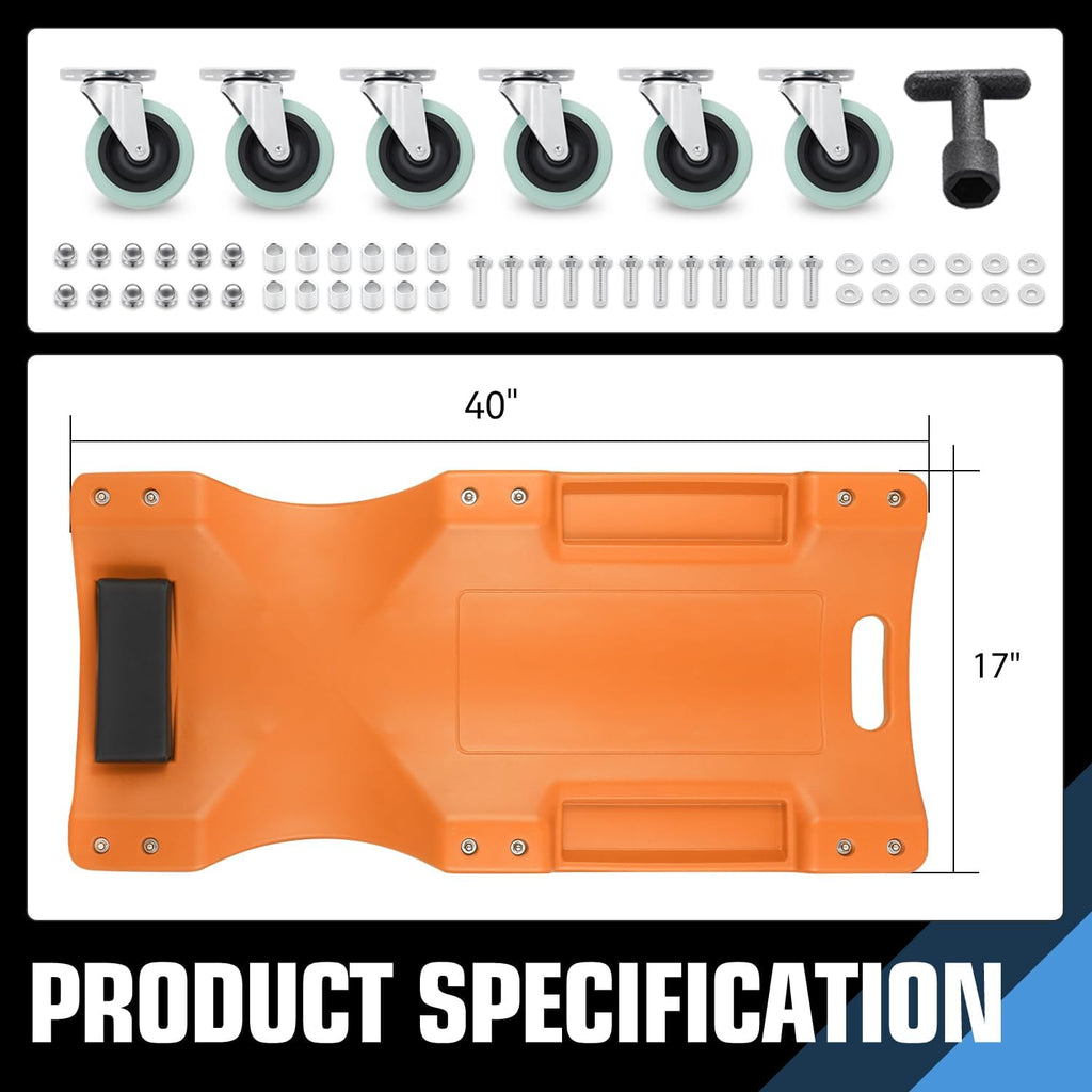 DNA MOTORING 40" L X 19" W Vehicle Repair Low Profile Plastic Rolling Garage Shop Creeper with Padded Headrest,Tool Trays & 6pcs Casters, Orange, TOOLS-00217-OG