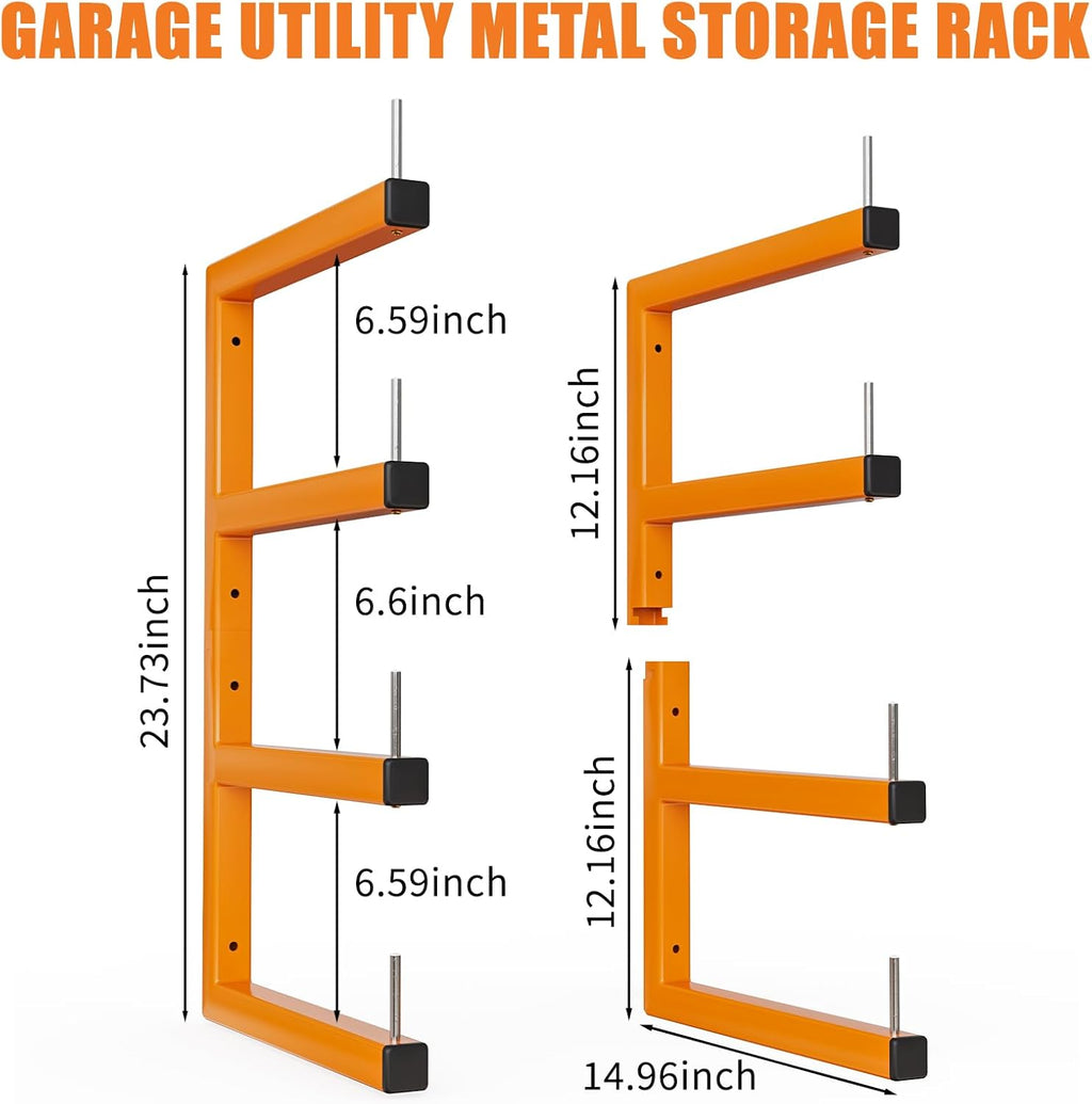 4-Pack Lumber Storage Rack, Wood Storage Racks Wall Mount, Heavy Duty Garage Wood Organizer With 8-Level System, Orange Utility Rack Organization Up 1600 Lbs, Metal Lumber Shelf for Indoor & Outdoor