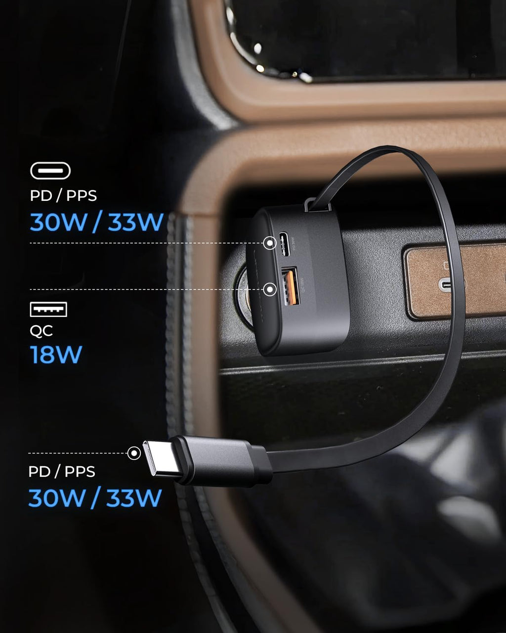 84W Max Retractable Fast Car Charger - USB C Cigarette Lighter Adapter Ultra-Compact Type-C Fast Car Charger with Built-in Retractable Cable