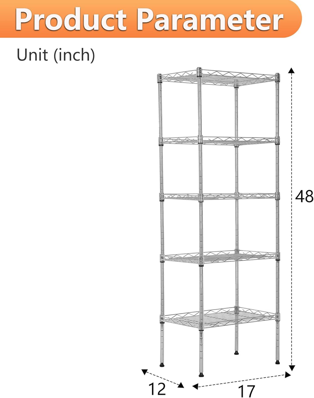 BestOffice 5 Tier Garage Shelving Heavy Duty Metal Shelves 17”D x 12”W x 48”H Easy Assemble Storage Shelves NSF Certified Wire Shelving with Leveling Feet for Garage Home Office, Chrome