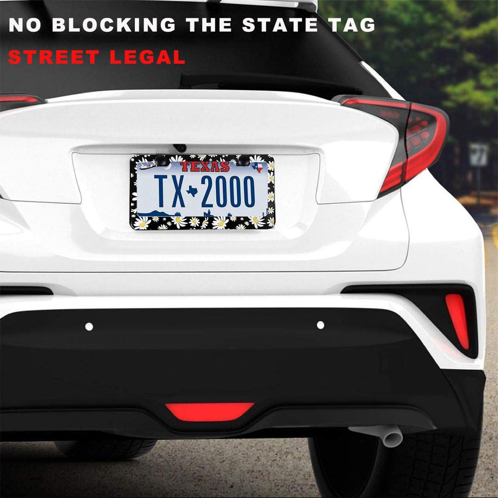2 Pack Universal Daisy Floral License Plate Frame - Heavy Duty Rustproof Aluminum Matte Black Daisy Car Tag Holder Cover Bracket Fits All Vehicles, Easy Install with Screws Included